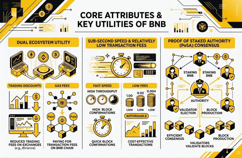 Core attributes and key utilities of BNB