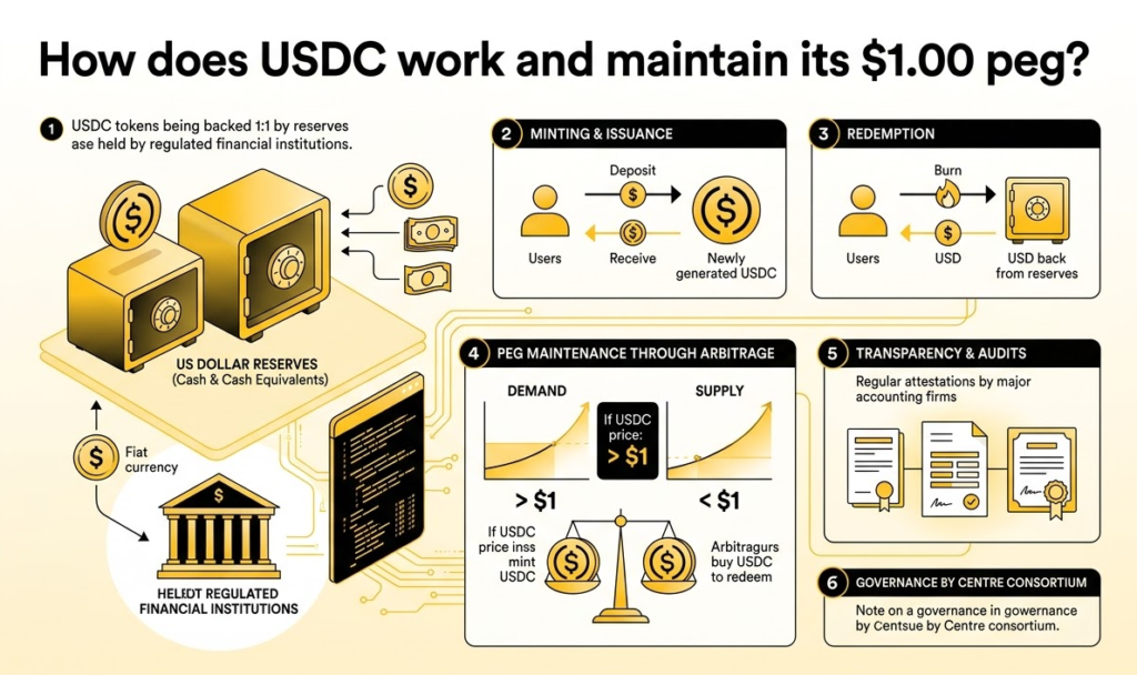 How does USDC work and maintain its $1.00 peg?